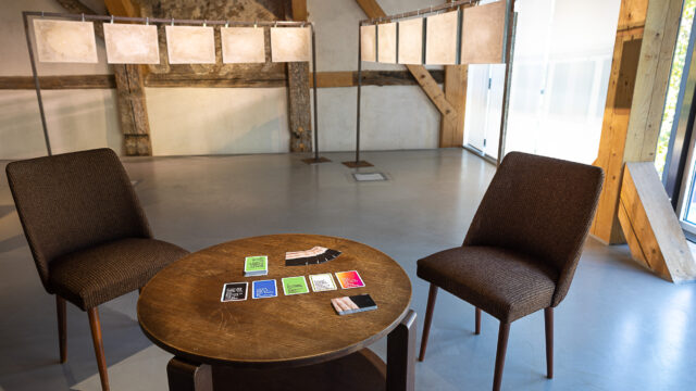 Ausstellungsansicht mit: Ausstellungsansicht mit: Timo Hoheisel, Einlagerungsinventar, 2014, Fotografie in Salzbeton gegossen, 10-teilig, je 35 x 45 cm (Hintergrund), vorne: Franziska Harnisch, Impulsive Likekultur, 2021, 2 Editionen, je 33 Spielkarten im Etui, je 9,1 x 5,9 cm (Karten)