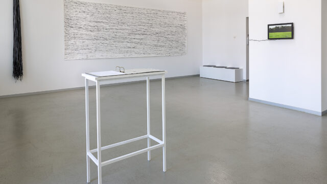Ausstellungsansicht mit: Juliane Schmidt, Serpentine, 2015, Luftschlangen, Permanentmarker, Papier, 150 x 400 cm, im Vordergrund: Philipp Valenta, Rubrum, seit 2018, Rote Tusche auf Papier, mehrteilig, Aktenordner, je 21 x 29,7 cm (Blatt)
