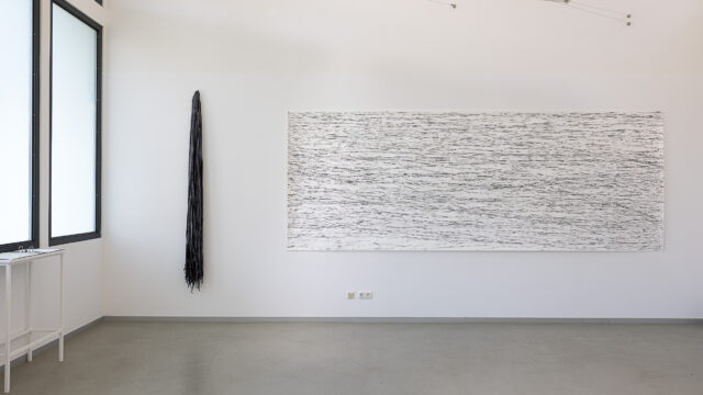 Ausstellungsansicht mit: Juliane Schmidt, Serpentine, 2015, Luftschlangen, Permanentmarker, Papier, 150 x 400 cm
