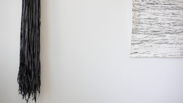 Ausstellungsansicht mit: Juliane Schmidt, Serpentine, 2015, Luftschlangen, Permanentmarker, Papier, 150 x 400 cm (Ausschnitt)