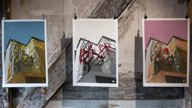 Tobias Gellscheid, Immobil, 2010, drei Abzüge eines mehrfarbigen Holzschnitts, 36 × 56 cm, Foto: © Wolfgang Grau / JKV