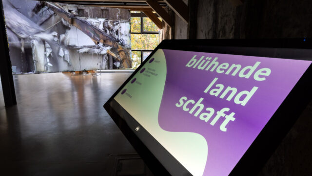 Interaktives Info-Terminal, im Hintergrund: Susanna Hanna, remembering brühl, 2007 / 2017, Video 23:00 min, Foto: © Wolfgang Grau / JKV