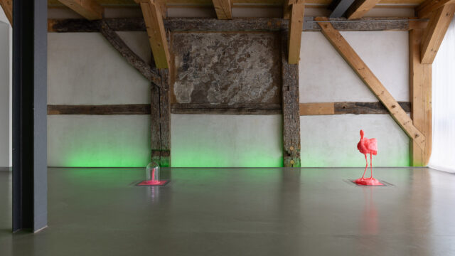 David Frommhold, Image of third topology (Observer – Heron, Memory – Teasel, Relic 1 – Bone, Relic 2 – Jaw), 2025, PLA-Filament | Sarah Feyerabend & David Frommhold, green lights, 2025, Leuchtmittel, Foto: © Wolfgang Grau