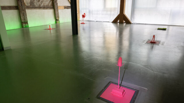 David Frommhold, Image of third topology (Observer – Heron, Memory – Teasel, Relic 1 – Bone, Relic 2 – Jaw), 2025, PLA-Filament; David Frommhold, The grass was greener 3, 2025, Kunstrasen; Fensterfront: Sarah Feyerabend, davor (Stadtspeicher + Frühling), 2025, Stoff; Bodennische und Deckenbeleuchtung: Sarah Feyerabend & David Frommhold, green lights, 2025, Leuchtmittel, Foto: © Wolfgang Grau