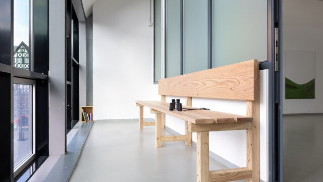 Sarah Feyerabend & David Frommhold, Geteilter Horizont, 2025, Holz, Bücher, Fernglas, Pflanze, Foto: © Wolfgang Grau